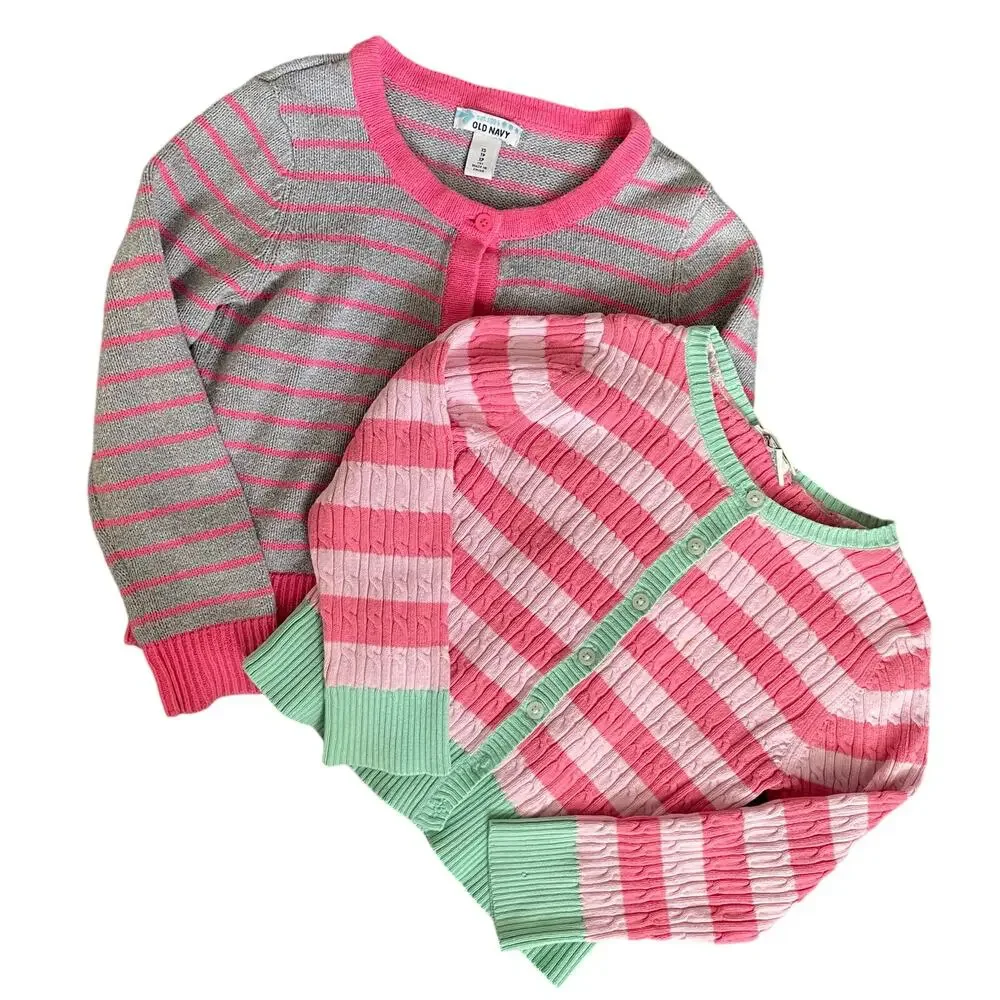 Old Navy Cherokee Girls XS Sweater Bundle Pink Green Button Down Long Sleeve - 2
